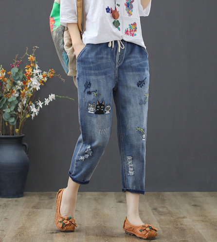 Quần Baggy Jean Nữ Thêu Mèo 676