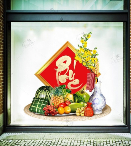 Decal Trang Trí Tết Mâm Hoa Quả Ngày Tết