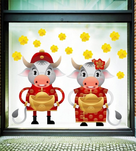 Decal Trang Trí Tết Trâu Cầm Thỏi Vàng Đón Xuân