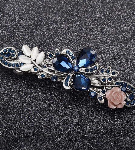 KẸP TÓC CAO CẤP - GHIM KẸP TÓC NỮ ĐẸP HOA 3 CÁNH ĐÍNH ĐÁ MÀU XANH NAVY - MÃ KT256