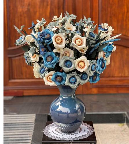 Lọ hoa Bát Tràng men hỏa biến xanh đen kính dáng giỏ cua s1