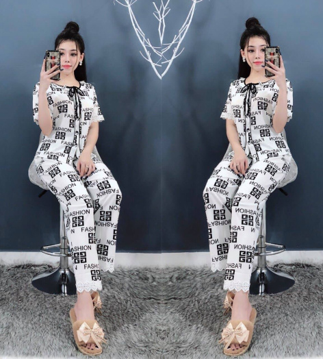 Đồ bộ lua satin phối ren tay lỡ