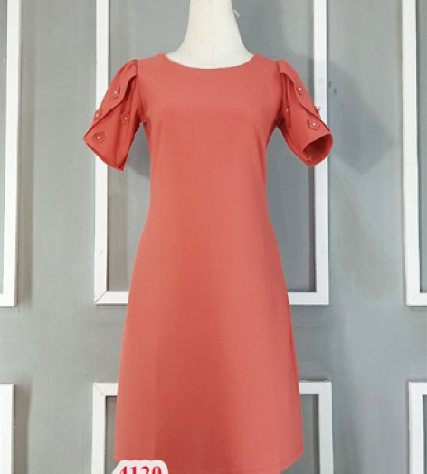 Đầm suông màu cam sữa đậm tay búp kết hoa - C4120