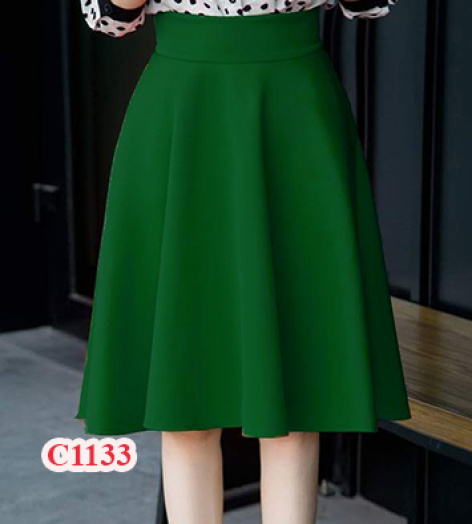 Chân váy xòe dài bản eo cao màu xanh lá - C1133