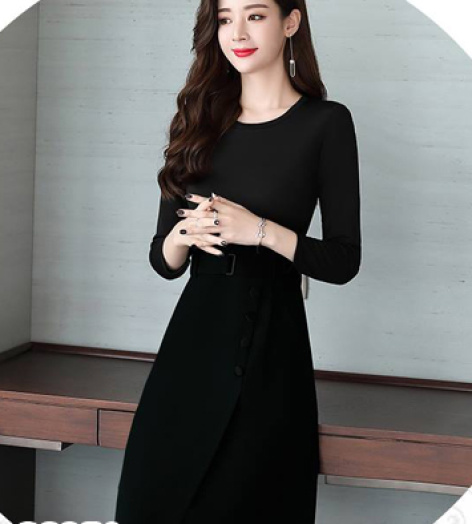 Chân váy chữ A đính nút kèm dây eo màu đen- C2951