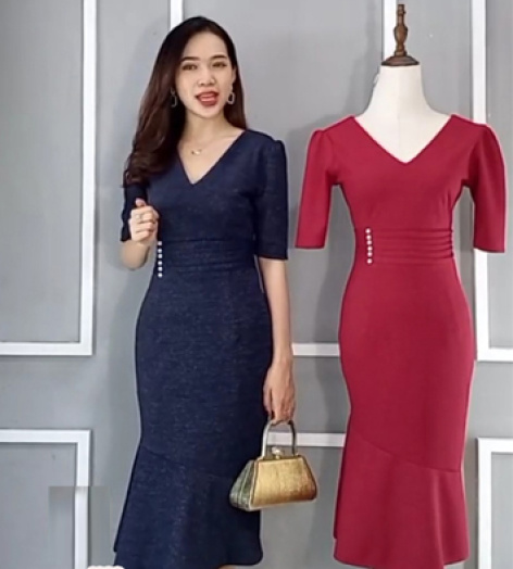 Đầm body đuôi cá màu xanh đen eo đính ngọc - C4099