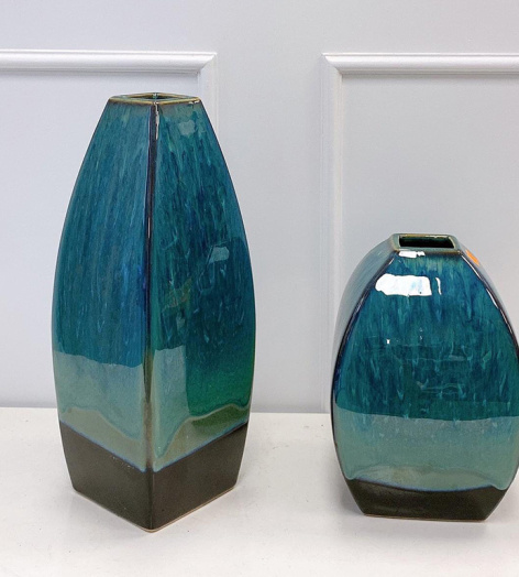 Combo 2 lọ hoa Bát Tràng men hỏa biến xanh ngọc dáng vuông