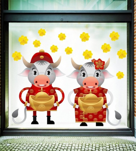 Decal Trang Trí Tết Trâu Cầm Thỏi Vàng Đón Xuân
