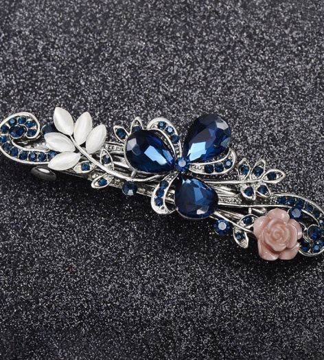 KẸP TÓC CAO CẤP - GHIM KẸP TÓC NỮ ĐẸP HOA 3 CÁNH ĐÍNH ĐÁ MÀU XANH NAVY - MÃ KT256