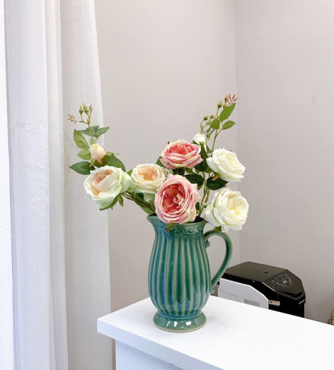 Lọ hoa Bát Tràng men hỏa biến xanh lơ dáng bình phễu