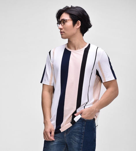 Áo Thun Nam Tay Ngắn Phối Kẻ Sọc - AT201333 ( Kẻ Hồng )