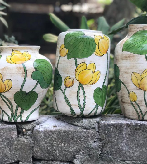 Set bộ lọ hoa Bát Tràng hoa sen vàng