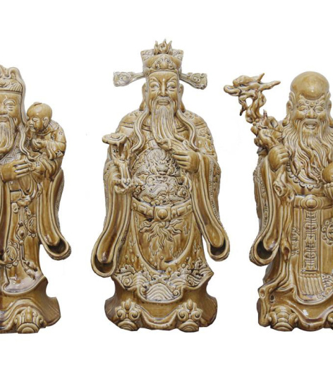 Tượng sứ Phúc Lộc Thọ men giả gỗ hóa thạch cao 60cm